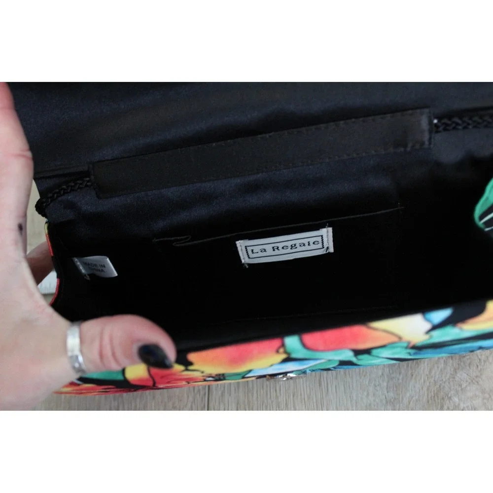 VTG La Regale Tropical Floral‎ Crossbody Clutch Bag Black Blue Green Silver